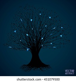 Abstract Black Silhouette of a Tree. Element for Your Design. Pattern with Glowing Triangles. Vector Illustration
