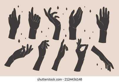 Abstract black silhouette woman hands gestures set. Graphic bohemian modern minimalist elements. Wall prints aesthetic. Vector illustration in cartoon style. Isolated on white background.