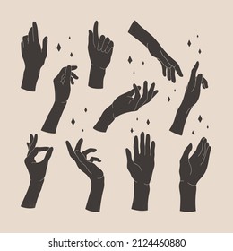 Abstract black silhouette woman hands gestures set. Graphic bohemian modern minimalist elements. Wall prints aesthetic. Vector illustration in cartoon style. Isolated on white background.