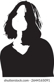 Uma silhueta preta abstrata da cabeça e ombros de uma mulher, com textura detalhada do cabelo e uma face parcialmente obscurecida criada pelo espaço negativo