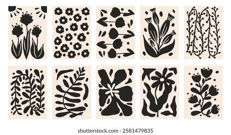 Abstract black silhouettes floral posters, set in vintage retro style. Minimalistic decorative poster, banner, card. Elegant hand drawn design for wallpaper, print, cover, template