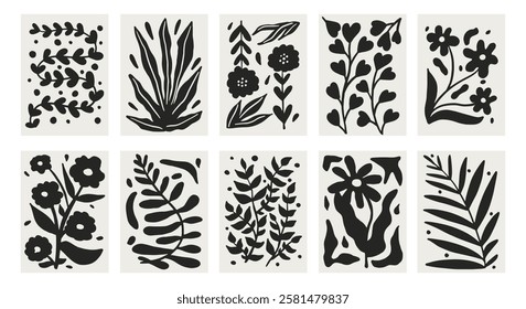 Abstract black silhouettes floral posters, set in vintage retro style. Minimalistic decorative poster, banner, card. Elegant hand drawn design for wallpaper, print, cover, template