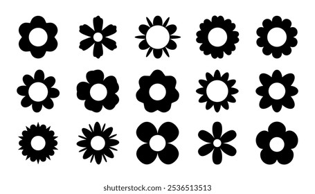Silhuetas pretas abstratas de flores, camomila, margaridas, crisântemos, astras, formas geométricas, vistas superiores. Ícones de flores. Elementos botânicos em estilo plano. Ilustração vetorial isolada no branco