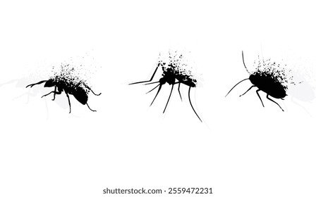 Abstract black silhouettes of insects dissolving into splatters, creating an artistic and textured design. Ideal for backgrounds, art, and creative visuals