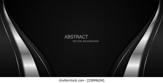 Abstract black and silver curves with silver lines on dark steel mesh background. with free space for design. modern technology innovation concept background	