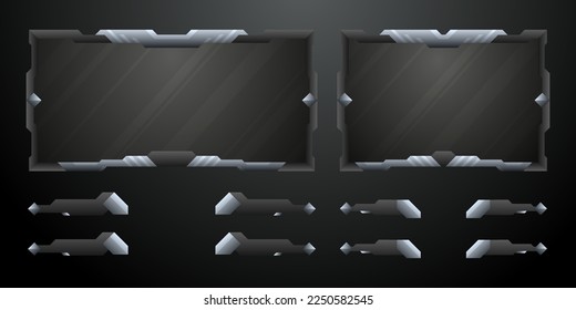 Resumen de paneles de interfaz de pantalla de vídeo y botones gui sobre juegos en negro y plata