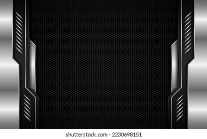 Abstract black and silver polygons on dark steel mesh background. with free space for design. modern technology innovation concept background
