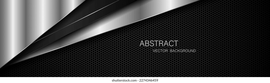 Abstract black and silver polygons on dark steel mesh background. with free space for design. modern technology innovation concept background
