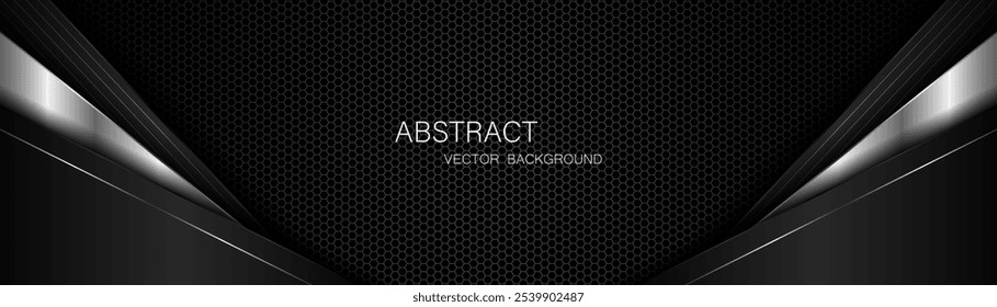 Abstract black and silver polygons on dark steel mesh background. with free space for design. modern technology innovation concept background	
