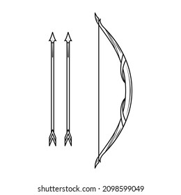 Abstract Black Simple Line Bow With Arrows Weapon Doodle Outline Element Vector Design Style Sketch Isolated On White Background Illustration For War, Battle