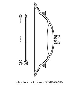 Abstrakter, einfacher Schwarzer Bow mit Pfeilarmband, Doodle-Element, Vektordesign-Stilskizze einzeln auf weißem Hintergrund, Illustration für Krieg, Schlacht