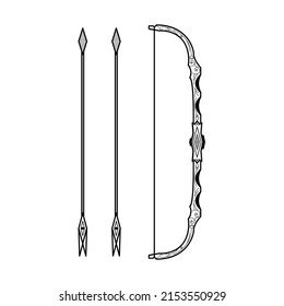 Abstract Black Simple Line Bow With Arrows Weapon Doodle Outline Element Vector Design Style Sketch Isolated On White Background Illustration For War, Battle