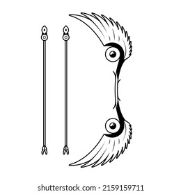 Abstract Black Simple Line Bow With Arrows Weapon Doodle Outline Element Vector Design Style Sketch Isolated On White Background Illustration For War, Battle
