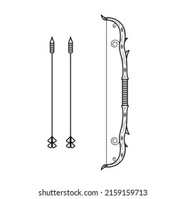 Abstract Black Simple Line Bow With Arrows Weapon Doodle Outline Element Vector Design Style Sketch Isolated On White Background Illustration For War, Battle