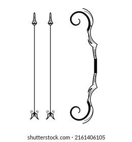 Abstract Black Simple Line Bow With Arrows Weapon Doodle Outline Element Vector Design Style Sketch Isolated On White Background Illustration For War, Battle