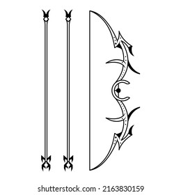 Abstract Black Simple Line Bow With Arrows Weapon Doodle Outline Element Vector Design Style Sketch Isolated On White Background Illustration For War, Battle