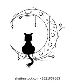 Abstract Black Simple Line Cat Animal On Moon Astrology Doodle Outline Element Vector Design Style Sketch Isolated On White Background Illustration