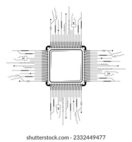 Abstract Black Simple Line Cpu, Computer, Technology Doodle Outline Element Vector Design Style Sketch Isolated On White Background Illustration