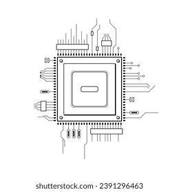 Abstract Black Simple Line Cpu, Computer, Technology Doodle Outline Element Vector Design Style Sketch Isolated On White Background Illustration