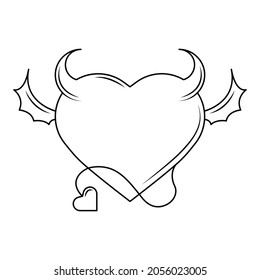 Abstract Black Simple Line Devil Heart With Horns Wings And Tail Frame Love Romantic Doodle Outline Element Vector Design Style Sketch Isolated Illustration For Wedding And Banner