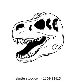 Abstract Black Simple Line Dinosaur Tyrannosaur Skull With Teeth Doodle Outline Element Vector Design Style Sketch Isolated On White Background Illustration Bones, Botanic, Skeleton