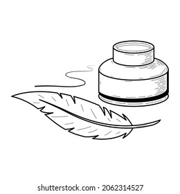 Abstract Black Simple Line Inkwell With Feather Doodle Outline Element Vector Design Style Sketch Isolated On White Background Illustration For Writing