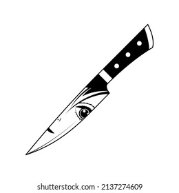 Abstract Black Simple Line Metal Knife Dagger Blade Weapon With Woman Face Eye Doodle Outline Element Vector Design Style Sketch Isolated On White Background Illustration