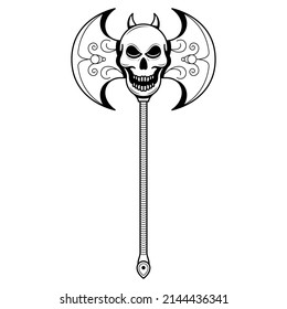 Abstract Black Simple Line Metal BattleAxe Blade Weapon With Skull Doodle Outline Element Vector Design Style Sketch Isolated On White Background Illustration For War, Battle