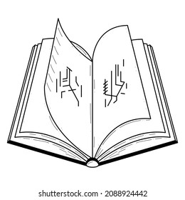 Abstraktes Schwarzes, einfaches, einfaches, offenes Buch mit Symbolen Doodle Outline Element Vectordesign Style Skizze einzeln auf weißem Hintergrund Illustration zum Lesen, Erziehen, Entspannen