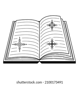 Abstract Black Simple Line Open Book With Symbols Doodle Outline Element Vector Design Style Sketch Isolated On White Background Illustration For Reading, Education, Relax