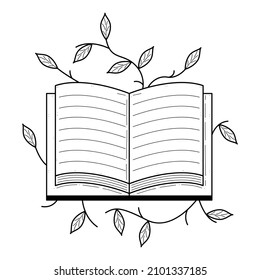 Abstract Black Simple Line Open Book With Plants Leaves Leaf Doodle Outline Element Vector Design Style Sketch Isolated On White Background Illustration For Reading, Education, Relax