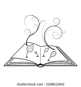 Abstract Black Simple Line Open Book With Plants Leaves Leaf Doodle Outline Element Vector Design Style Sketch Isolated On White Background Illustration For Reading, Education, Relax