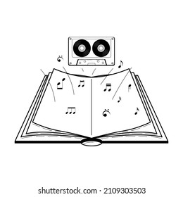 Abstract Black Simple Line Open Book With Cassette And Notes Doodle Outline Element Vector Design Style Sketch Isolated On White Background Illustration For Reading, Education, Relax