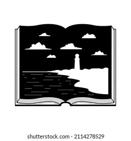 Abstract Black Simple Line Open Book With Lighthouse, Clouds Nature Doodle Outline Element Vector Design Style Sketch Isolated On White Background Illustration For Reading, Education, Relax
