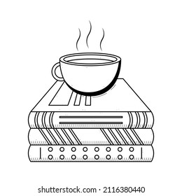 Abstract Black Simple Line Open Book With Cup Of Tee Doodle Outline Element Vector Design Style Sketch Isolated On White Background Illustration For Reading, Education, Relax