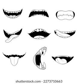Abstract Black Simple Line People Human Smile Open Mouth With Teeth And Tongue Doodle Outline Element Vector Design Style Sketch Isolated On White Background Illustration