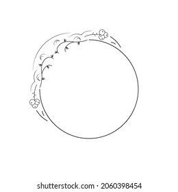 Abstract Black Simple Line Round Circ With Leaf Leaves Frame Flowers Doodle Outline Element Vector Design Style Sketch Isolated Illustration For Wedding And Banner