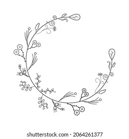 Resumen Círculo Redondo De Línea Simple Negro Con Hojas De Hojas Flores De Marco Dibujo Esbozo De Estilo De Diseño De Doodle Isolación Ilustración Para Boda Y Cartel