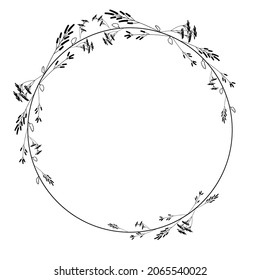 Abstract Black Simple Line Round Circ With Leaf Leaves Frame Flowers Doodle Outline Element Vector Design Style Sketch Isolated Illustration For Wedding And Banner