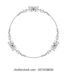Resumen Círculo Redondo De Línea Simple Negro Con Hojas De Hojas Flores De Marco Dibujo Esbozo De Estilo De Diseño De Doodle Isolación Ilustración Para Boda Y Cartel