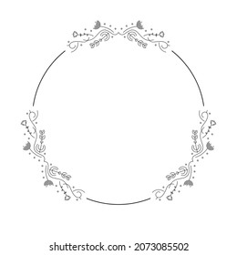 Abstract Black Simple Line Round Circ With Leaf Leaves Frame Flowers Doodle Outline Element Vector Design Style Sketch Isolated Illustration For Wedding And Banner