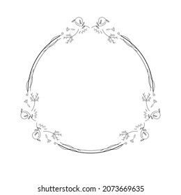 Abstract Black Simple Line Round Circ With Leaf Leaves Frame Flowers Doodle Outline Element Vector Design Style Sketch Isolated Illustration For Wedding And Banner