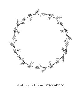Resumen Círculo Redondo De Línea Simple Negro Con Hojas De Hojas Flores De Marco Dibujo Esbozo De Estilo De Diseño De Doodle Isolación Ilustración Para Boda Y Cartel
