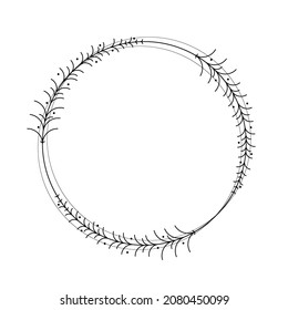 Abstract Black Simple Line Round Circle With Leaf Leaves Frame Flowers Doodle Outline Element Vector Design Style Sketch Isolated Illustration For Wedding And Banner