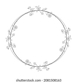 Resumen Círculo Redondo De Línea Sencilla Negra Con Hojas De Hojas Flores De Marco Esbozo De Esbozo De Estilo Vector De Dibujo Aislado Ilustración Para Boda Y Cartel