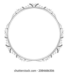 Abstract Black Simple Line Round Circle With Leaf Leaves Frame Flowers Doodle Outline Element Vector Design Style Sketch Isolated Illustration For Wedding And Banner