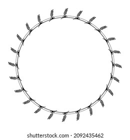 Abstract Black Simple Line Round Circle With Leaf Leaves Frame Flowers Doodle Outline Element Vector Design Style Sketch Isolated Illustration For Wedding And Banner