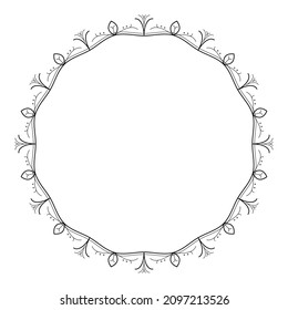 Abstract Black Simple Line Round Circle With Leaf Leaves Frame Flowers Doodle Outline Element Vector Design Style Sketch Isolated Illustration For Wedding And Banner