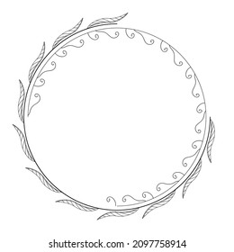 Abstract Black Simple Line Round Circle With Leaf Leaves Frame Flowers Doodle Outline Element Vector Design Style Sketch Isolated Illustration For Wedding And Banner