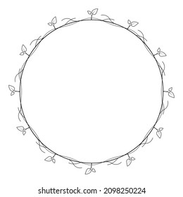 Abstrakter, einfacher Rundkreis mit schwarzen Linien mit Blättern Rahmenblumen Doodle-Element Vectordesign-Stil Skizze isoliert Illustration für Hochzeit und Banner